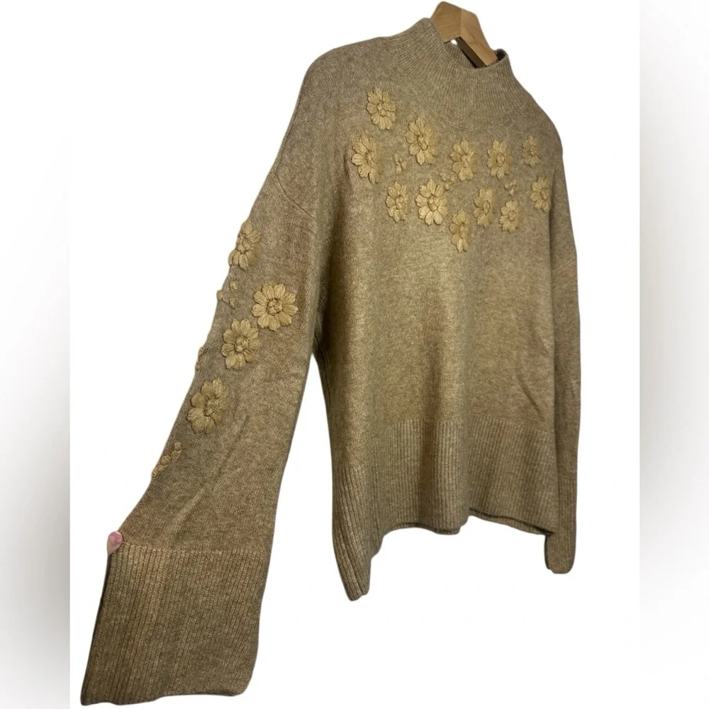 CeCe Tan Knit Sweater Floral Embroidery
